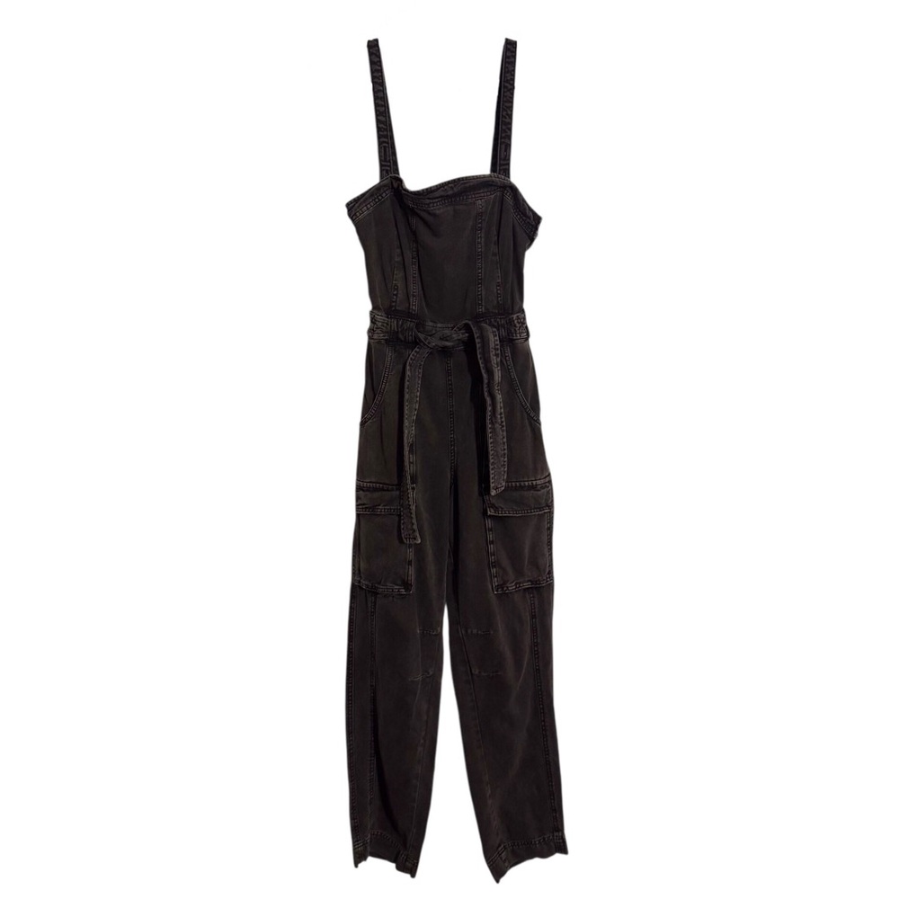 Free People X-Small Gray Black Go West Utility Jumpsuit Boho Belted Open Back - Picture 2 of 14